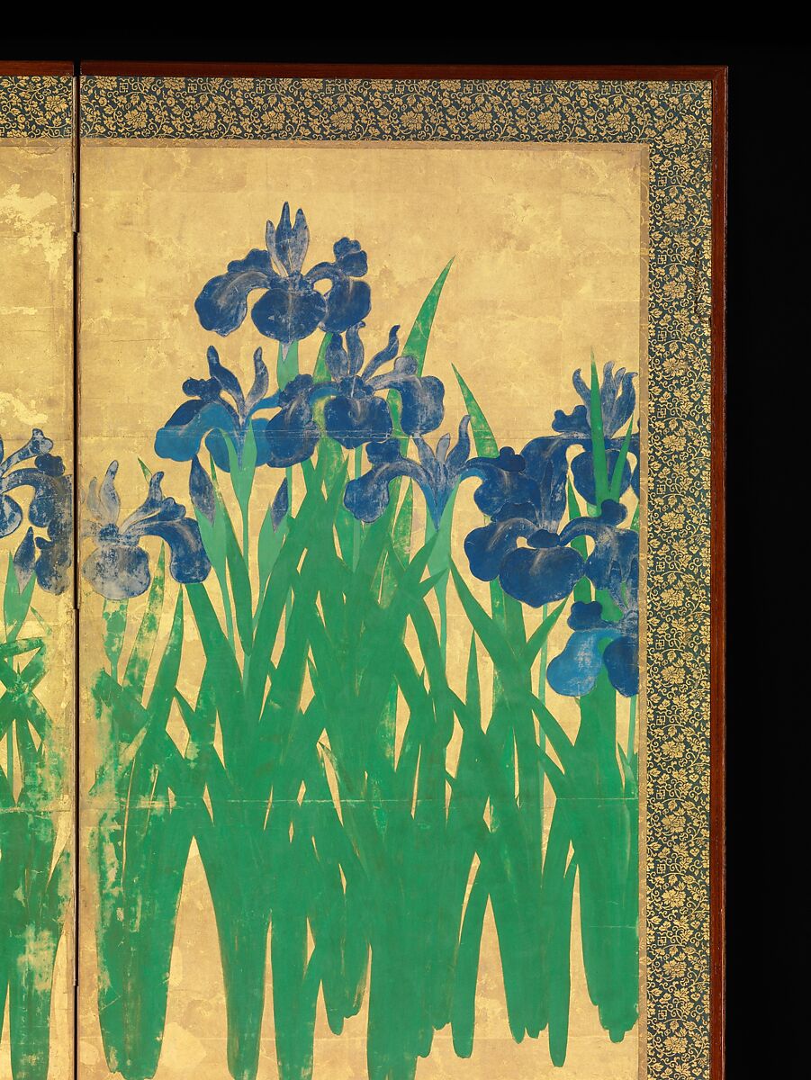 Irises at Yatsuhashi (Eight Bridges), Ogata Kōrin (Japanese, 1658–1716), Pair of six-panel folding screens; ink and color on gold leaf on paper , Japan
