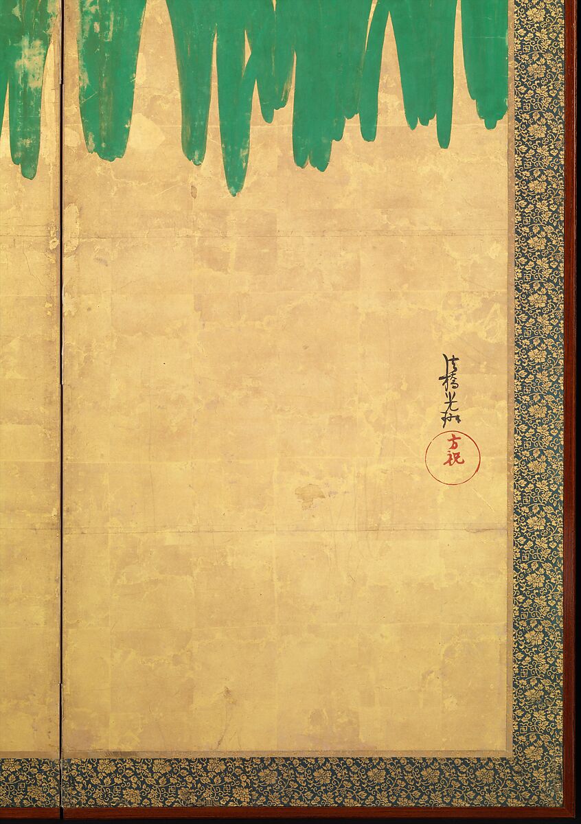 Irises at Yatsuhashi (Eight Bridges), Ogata Kōrin (Japanese, 1658–1716), Pair of six-panel folding screens; ink and color on gold leaf on paper , Japan