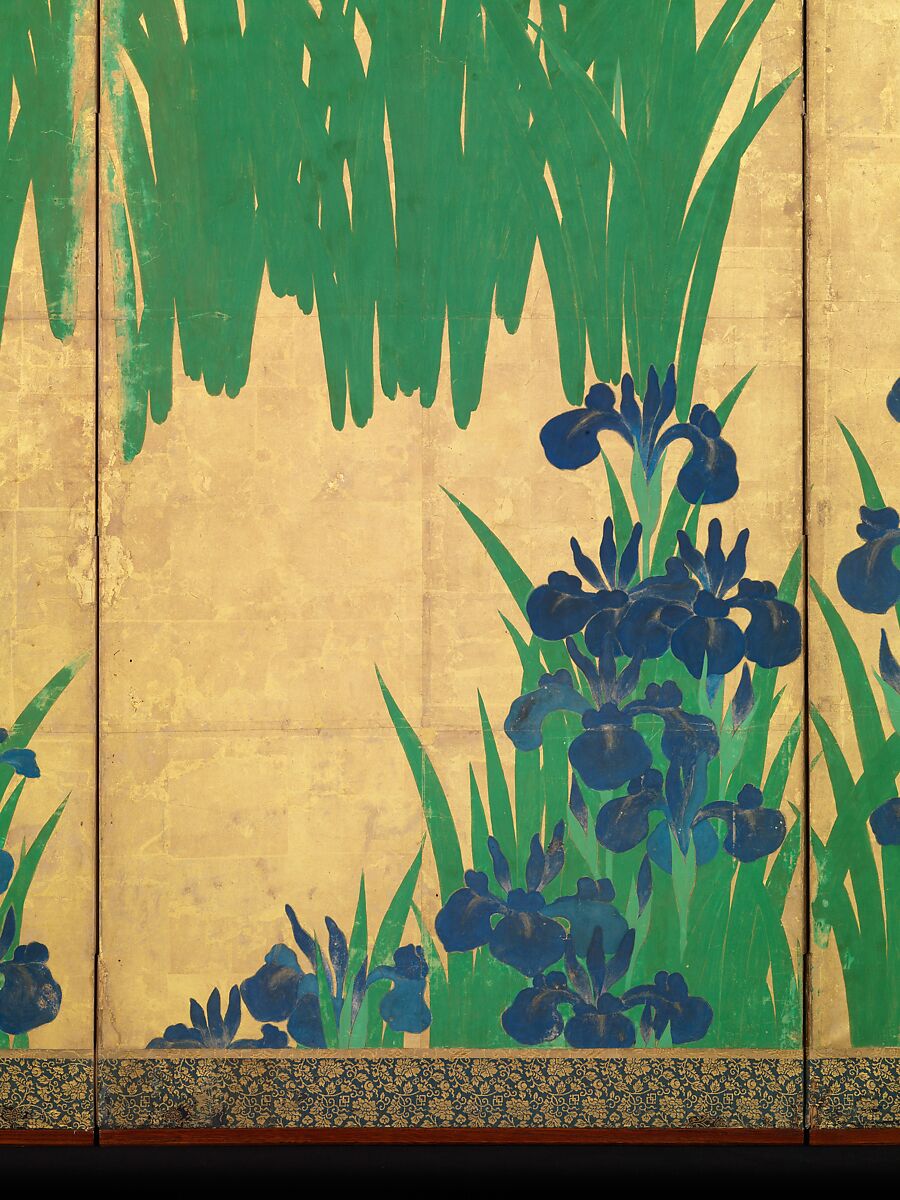 Irises at Yatsuhashi (Eight Bridges), Ogata Kōrin (Japanese, 1658–1716), Pair of six-panel folding screens; ink and color on gold leaf on paper , Japan