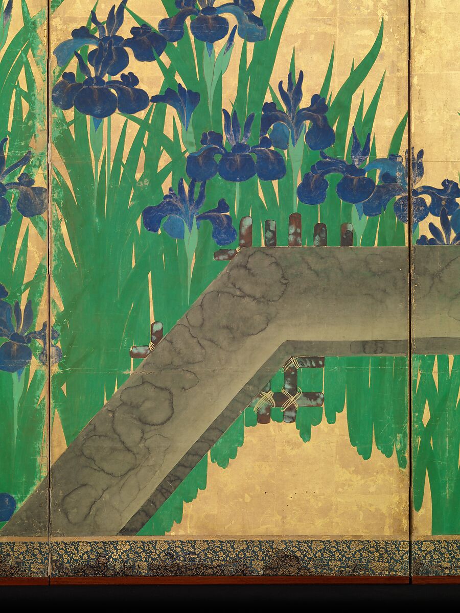 Irises at Yatsuhashi (Eight Bridges), Ogata Kōrin (Japanese, 1658–1716), Pair of six-panel folding screens; ink and color on gold leaf on paper , Japan