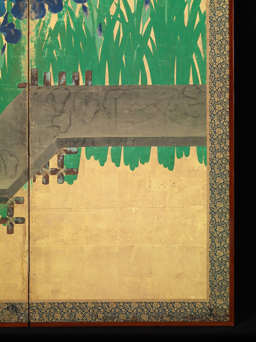 Irises at Yatsuhashi (Eight Bridges), Ogata Kōrin (Japanese, 1658–1716), Pair of six-panel folding screens; ink and color on gold leaf on paper , Japan