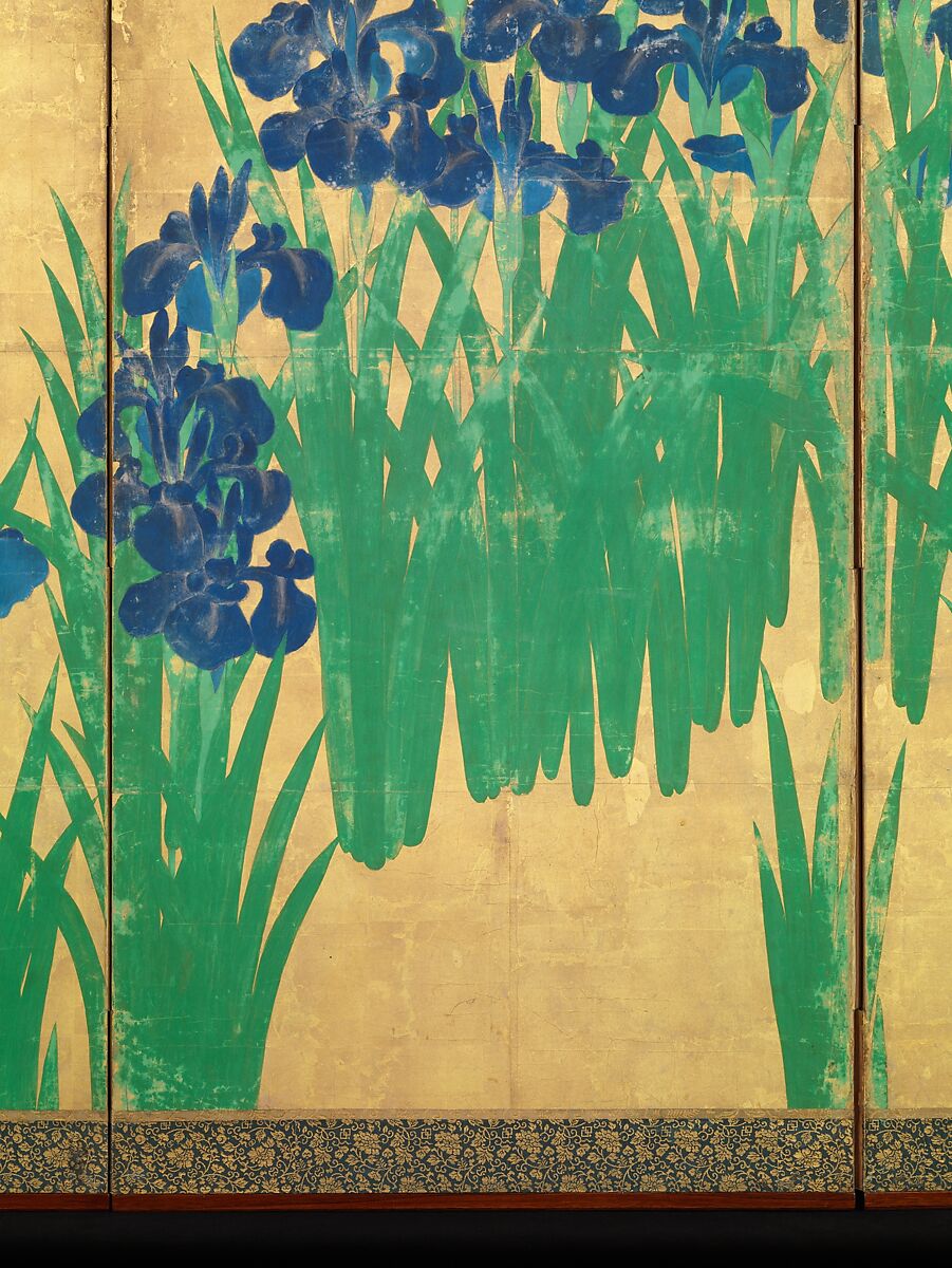 Irises at Yatsuhashi (Eight Bridges), Ogata Kōrin (Japanese, 1658–1716), Pair of six-panel folding screens; ink and color on gold leaf on paper , Japan