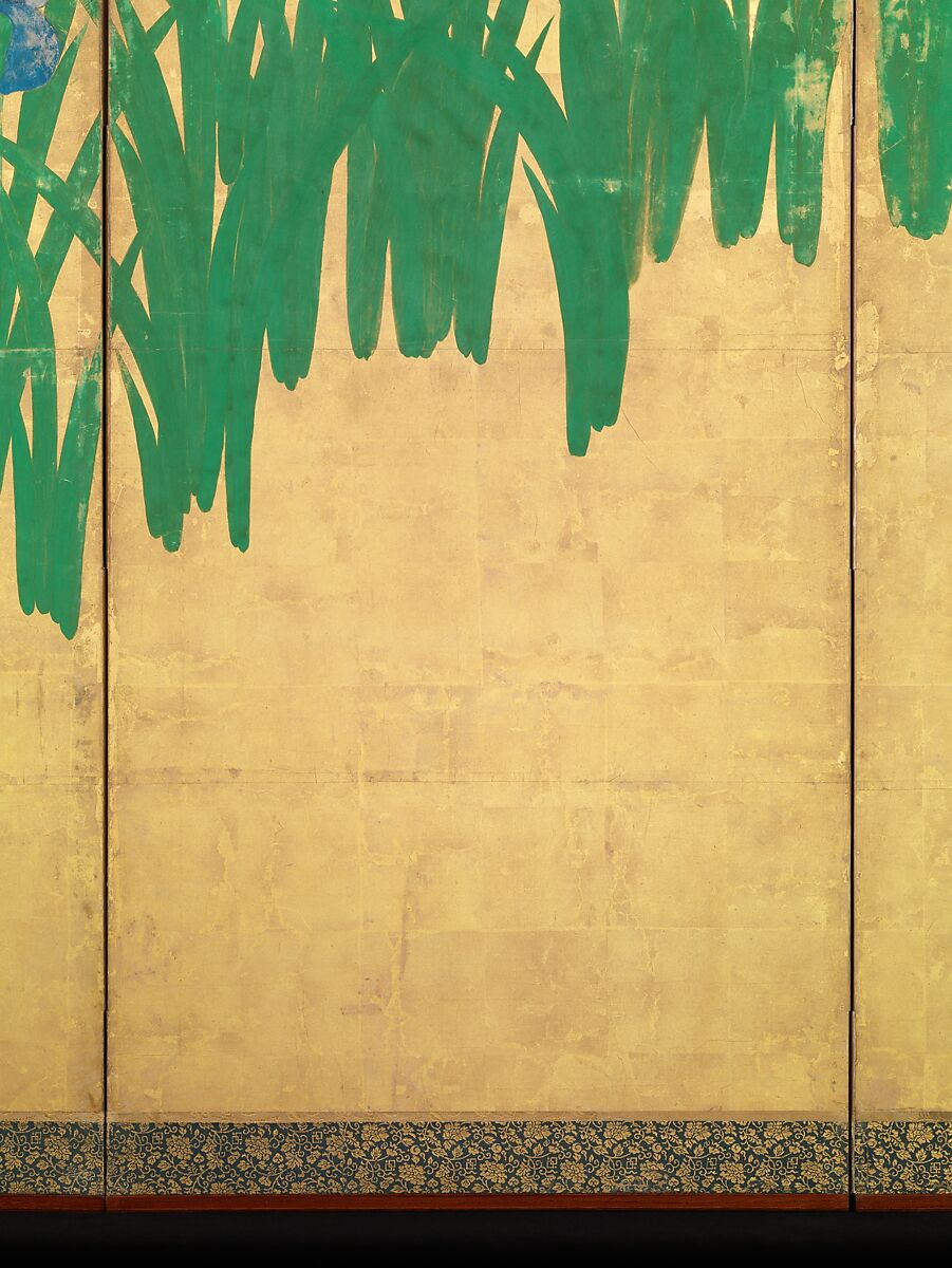 Irises at Yatsuhashi (Eight Bridges), Ogata Kōrin (Japanese, 1658–1716), Pair of six-panel folding screens; ink and color on gold leaf on paper , Japan
