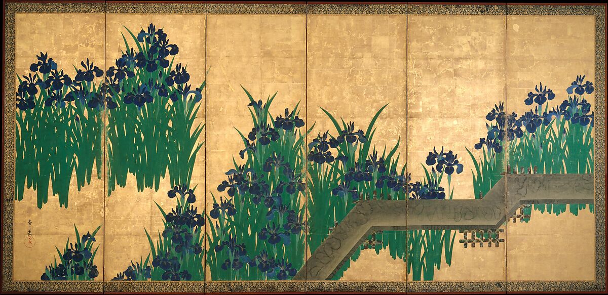 Irises at Yatsuhashi (Eight Bridges), Ogata Kōrin (Japanese, 1658–1716), Pair of six-panel folding screens; ink and color on gold leaf on paper , Japan