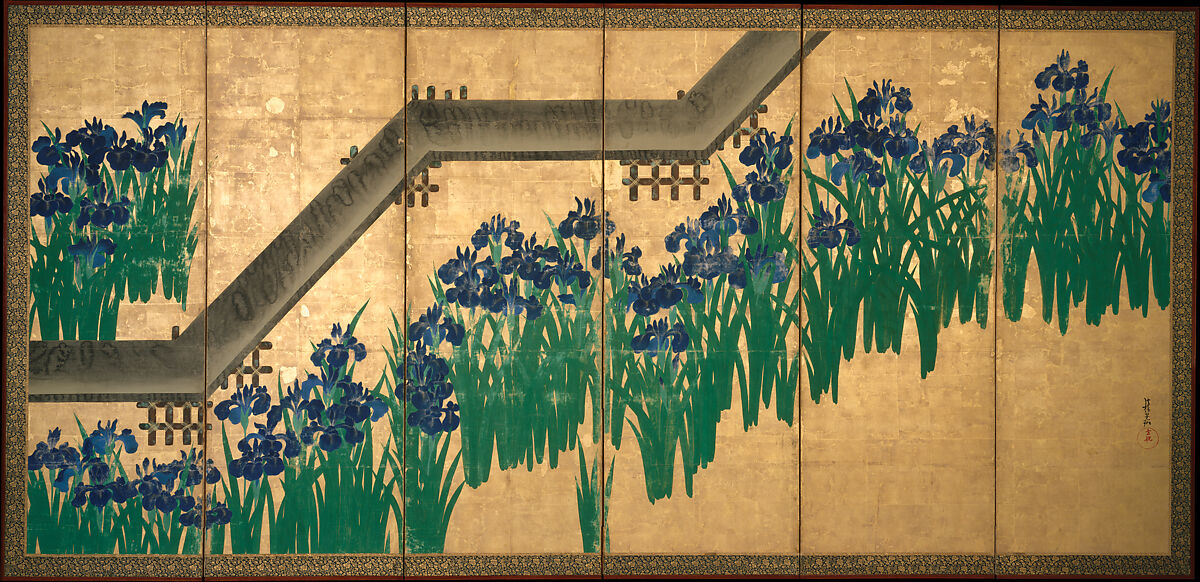 Irises at Yatsuhashi (Eight Bridges), Ogata Kōrin (Japanese, 1658–1716), Pair of six-panel folding screens; ink and color on gold leaf on paper , Japan 