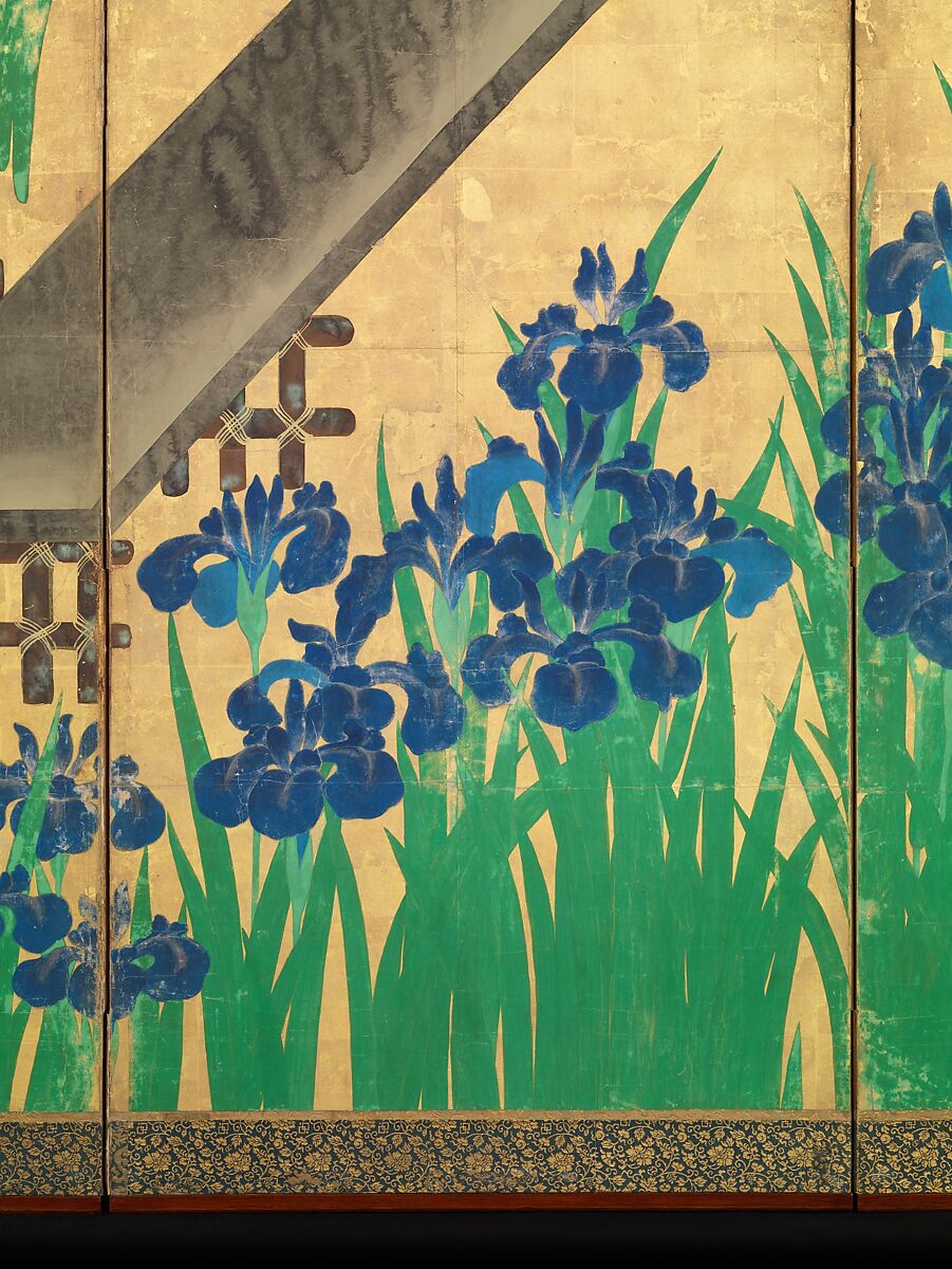 Irises at Yatsuhashi (Eight Bridges), Ogata Kōrin (Japanese, 1658–1716), Pair of six-panel folding screens; ink and color on gold leaf on paper , Japan