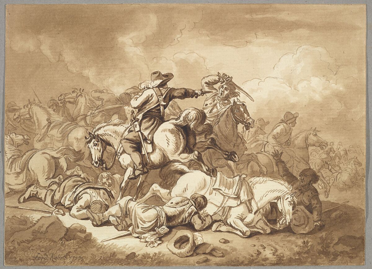 A Battle Scene, Ferdinand Kobell (German, Mannheim 1740–1799 Munich), Pen and brown ink, brush and  brown ink; framing line in pen and brown ink 