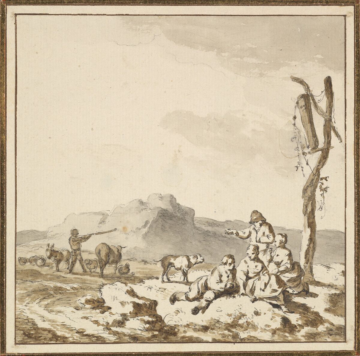 Shepherds at rest, Ferdinand Kobell (German, Mannheim 1740–1799 Munich), Pen and gray ink, brush and brown and gray wash, over black chalk; framing lines in pen and brown ink 