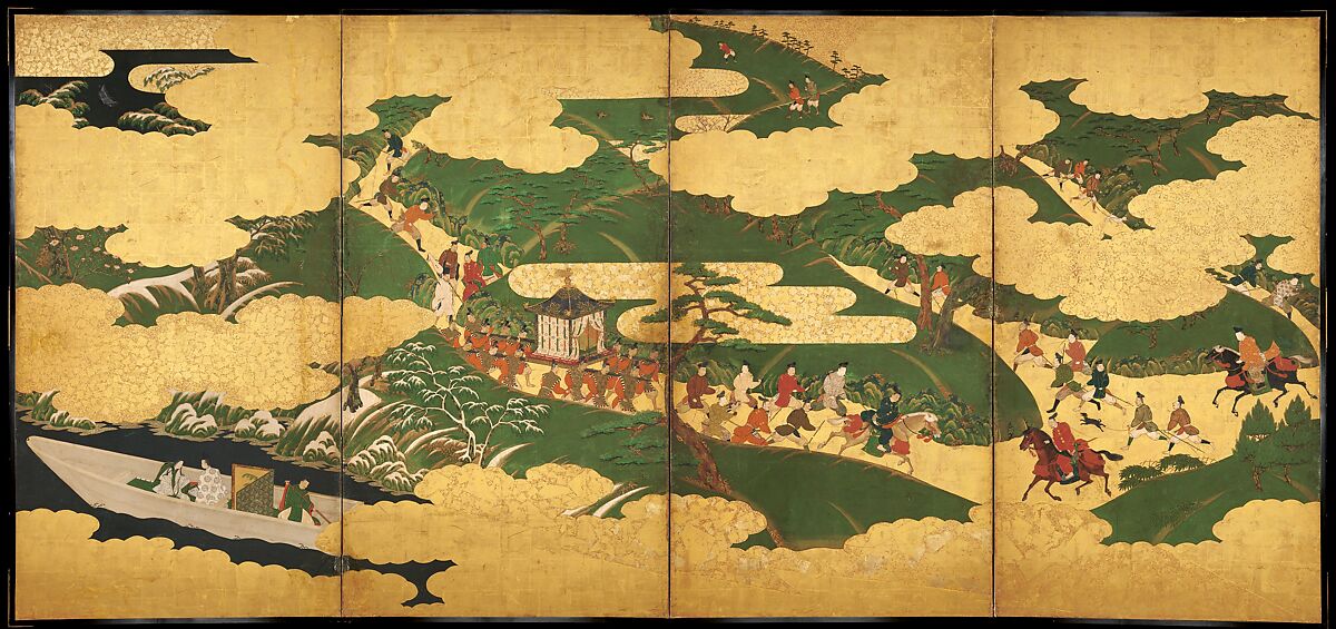“An Imperial Excursion” (Miyuki), “A Boat Cast Adrift” (Ukifune), and “The Barrier Gate” (Sekiya), Tosa Mitsuyoshi (Japanese, 1539–1613), Painted sliding doors (fusuma-e) remounted as a pair of four-panel folding screens; ink, color, and gold leaf on paper, Japan 