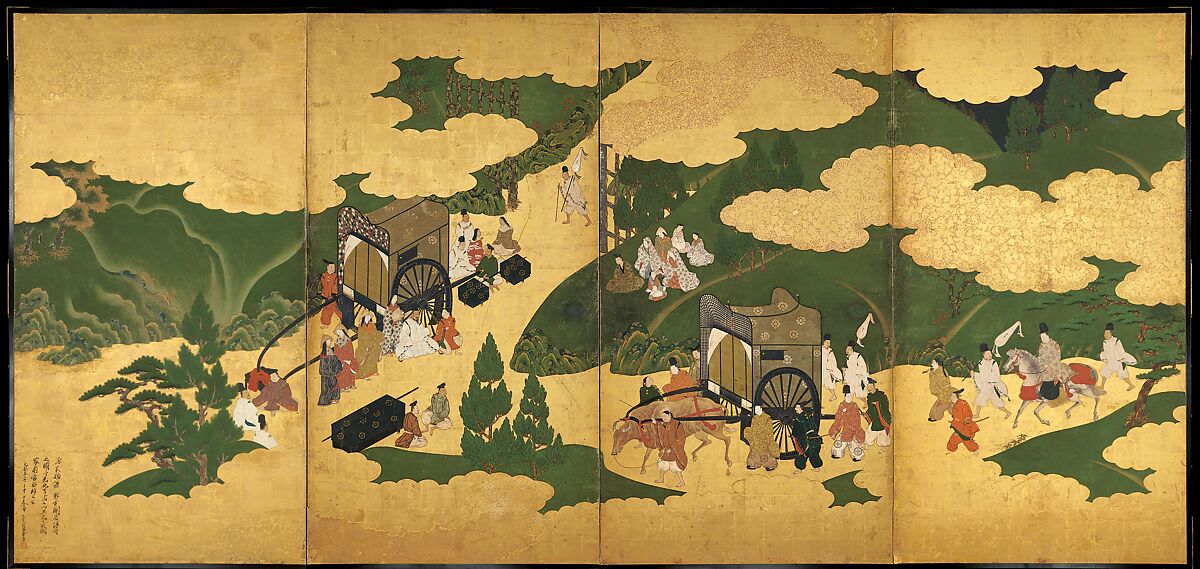“An Imperial Excursion” (Miyuki), “A Boat Cast Adrift” (Ukifune), and “The Barrier Gate” (Sekiya), Tosa Mitsuyoshi (Japanese, 1539–1613), Painted sliding doors (fusuma-e) remounted as a pair of four-panel folding screens; ink, color, and gold leaf on paper, Japan