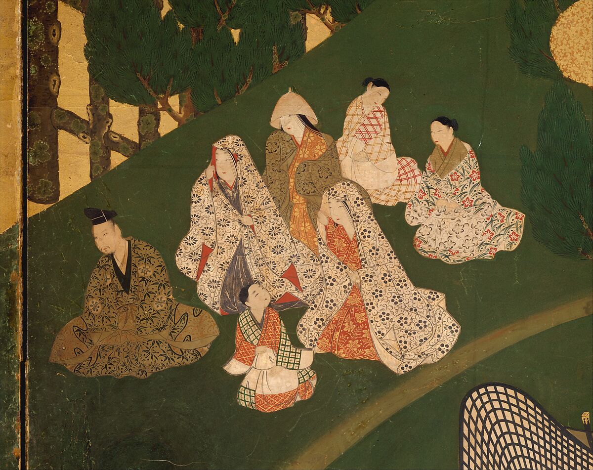 “An Imperial Excursion” (Miyuki), “A Boat Cast Adrift” (Ukifune), and “The Barrier Gate” (Sekiya), Tosa Mitsuyoshi (Japanese, 1539–1613), Painted sliding doors (fusuma-e) remounted as a pair of four-panel folding screens; ink, color, and gold leaf on paper, Japan