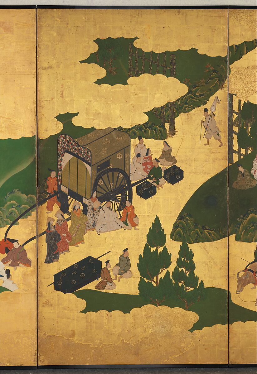 “An Imperial Excursion” (Miyuki), “A Boat Cast Adrift” (Ukifune), and “The Barrier Gate” (Sekiya), Tosa Mitsuyoshi (Japanese, 1539–1613), Painted sliding doors (fusuma-e) remounted as a pair of four-panel folding screens; ink, color, and gold leaf on paper, Japan