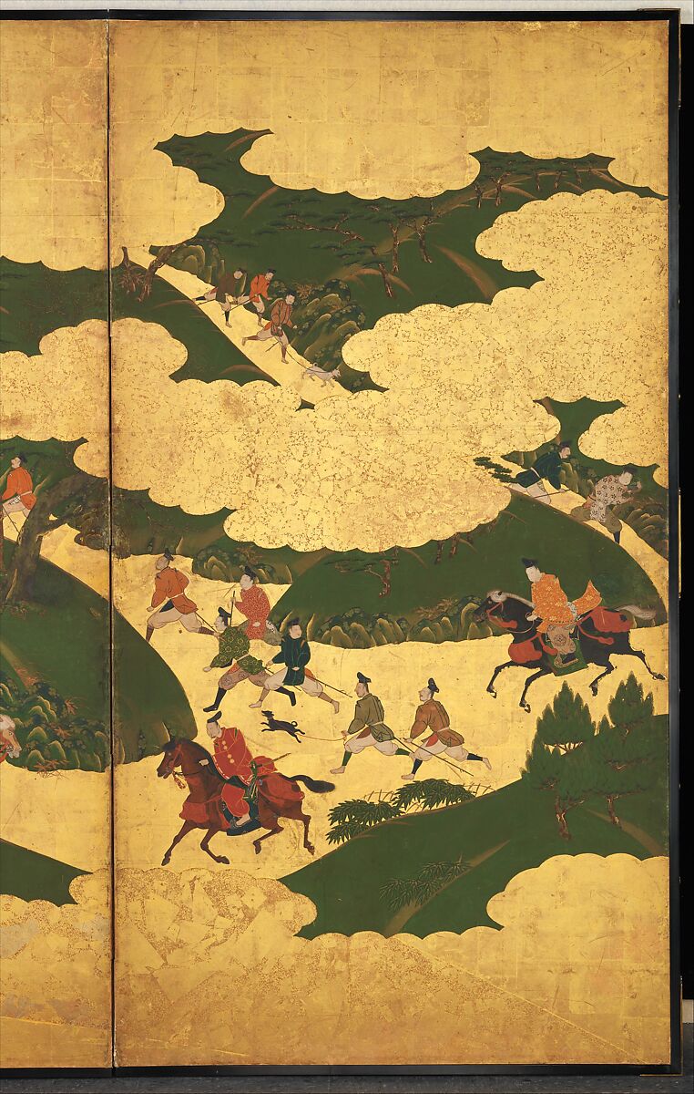 “An Imperial Excursion” (Miyuki), “A Boat Cast Adrift” (Ukifune), and “The Barrier Gate” (Sekiya), Tosa Mitsuyoshi (Japanese, 1539–1613), Painted sliding doors (fusuma-e) remounted as a pair of four-panel folding screens; ink, color, and gold leaf on paper, Japan