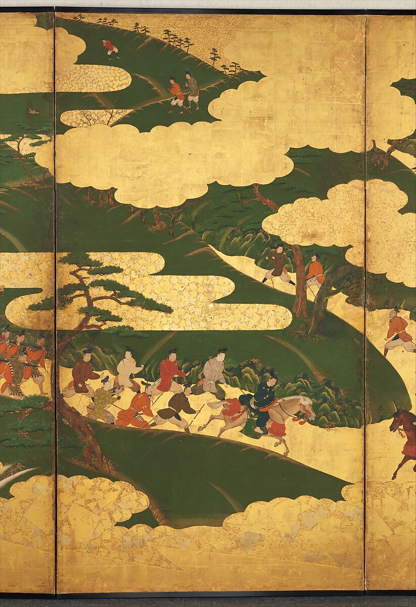 “An Imperial Excursion” (Miyuki), “A Boat Cast Adrift” (Ukifune), and “The Barrier Gate” (Sekiya), Tosa Mitsuyoshi (Japanese, 1539–1613), Painted sliding doors (fusuma-e) remounted as a pair of four-panel folding screens; ink, color, and gold leaf on paper, Japan