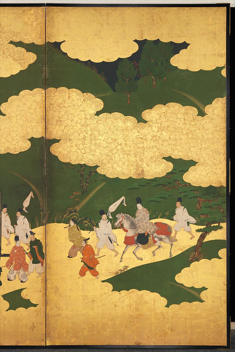 “An Imperial Excursion” (Miyuki), “A Boat Cast Adrift” (Ukifune), and “The Barrier Gate” (Sekiya), Tosa Mitsuyoshi (Japanese, 1539–1613), Painted sliding doors (fusuma-e) remounted as a pair of four-panel folding screens; ink, color, and gold leaf on paper, Japan