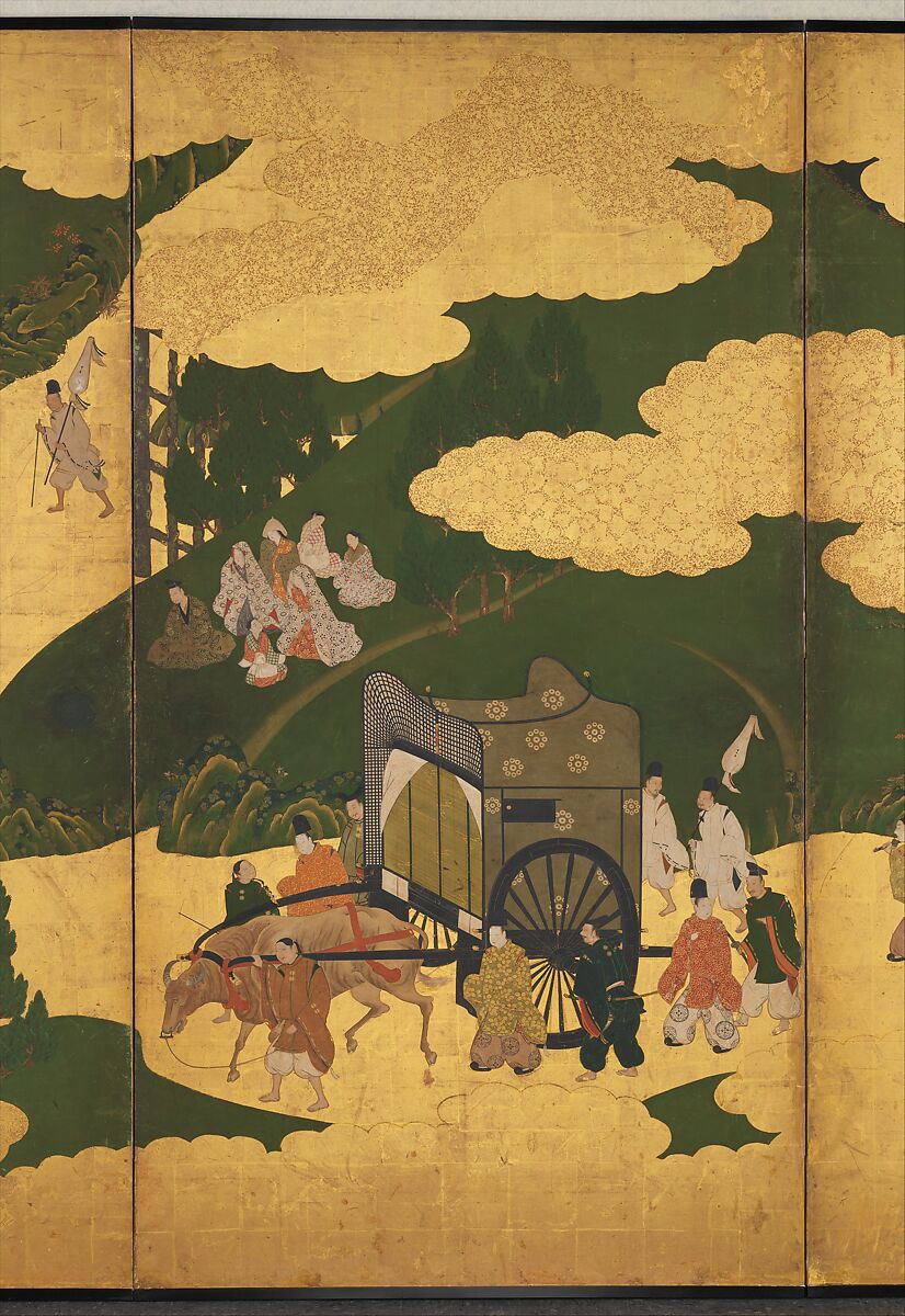“An Imperial Excursion” (Miyuki), “A Boat Cast Adrift” (Ukifune), and “The Barrier Gate” (Sekiya), Tosa Mitsuyoshi (Japanese, 1539–1613), Painted sliding doors (fusuma-e) remounted as a pair of four-panel folding screens; ink, color, and gold leaf on paper, Japan