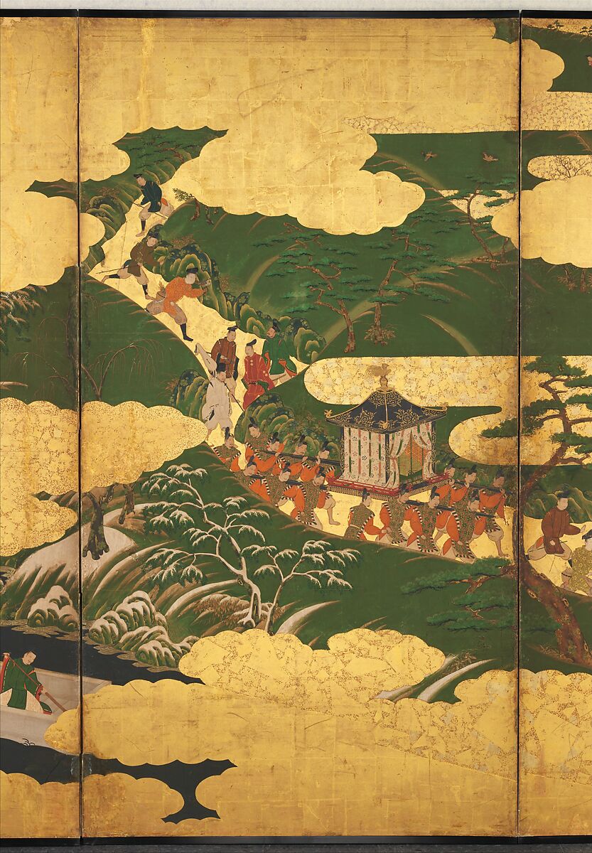 “An Imperial Excursion” (Miyuki), “A Boat Cast Adrift” (Ukifune), and “The Barrier Gate” (Sekiya), Tosa Mitsuyoshi (Japanese, 1539–1613), Painted sliding doors (fusuma-e) remounted as a pair of four-panel folding screens; ink, color, and gold leaf on paper, Japan
