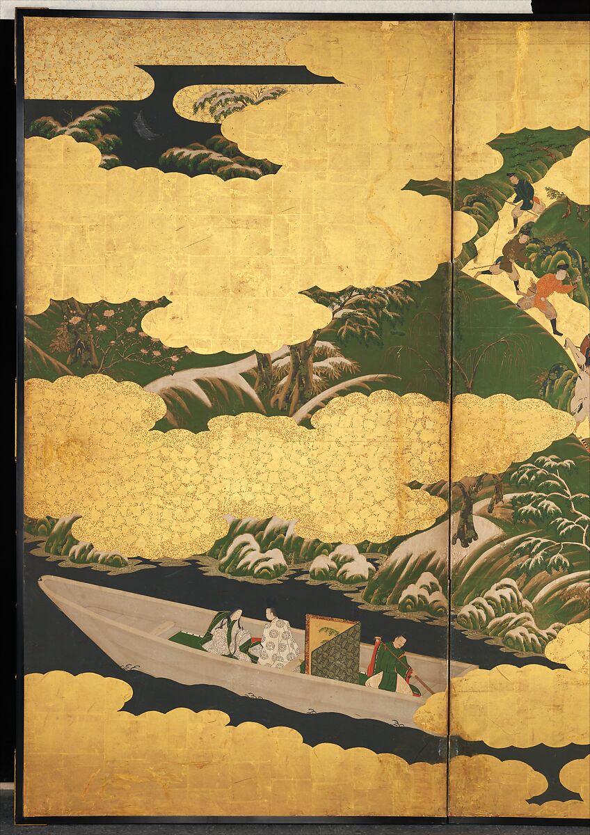 “An Imperial Excursion” (Miyuki), “A Boat Cast Adrift” (Ukifune), and “The Barrier Gate” (Sekiya), Tosa Mitsuyoshi (Japanese, 1539–1613), Painted sliding doors (fusuma-e) remounted as a pair of four-panel folding screens; ink, color, and gold leaf on paper, Japan
