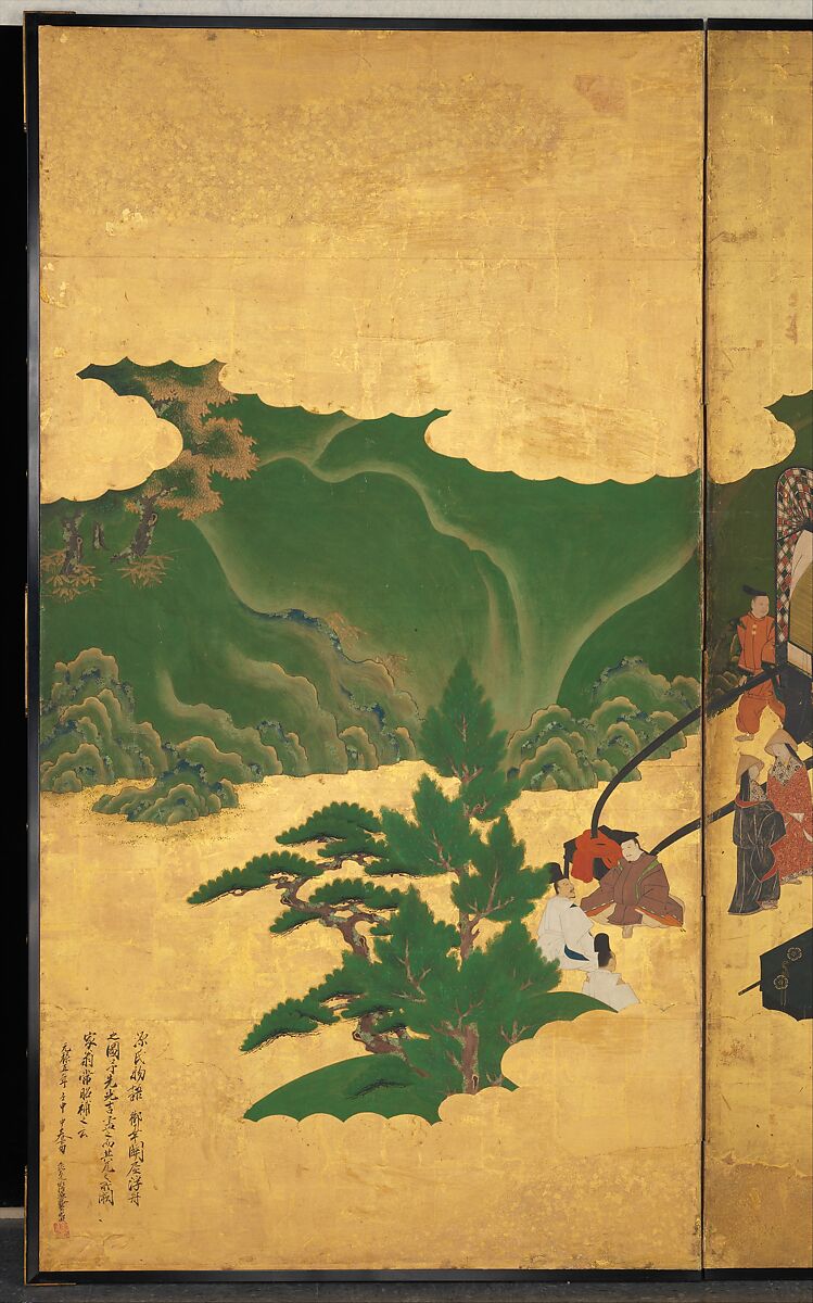 “An Imperial Excursion” (Miyuki), “A Boat Cast Adrift” (Ukifune), and “The Barrier Gate” (Sekiya), Tosa Mitsuyoshi (Japanese, 1539–1613), Painted sliding doors (fusuma-e) remounted as a pair of four-panel folding screens; ink, color, and gold leaf on paper, Japan