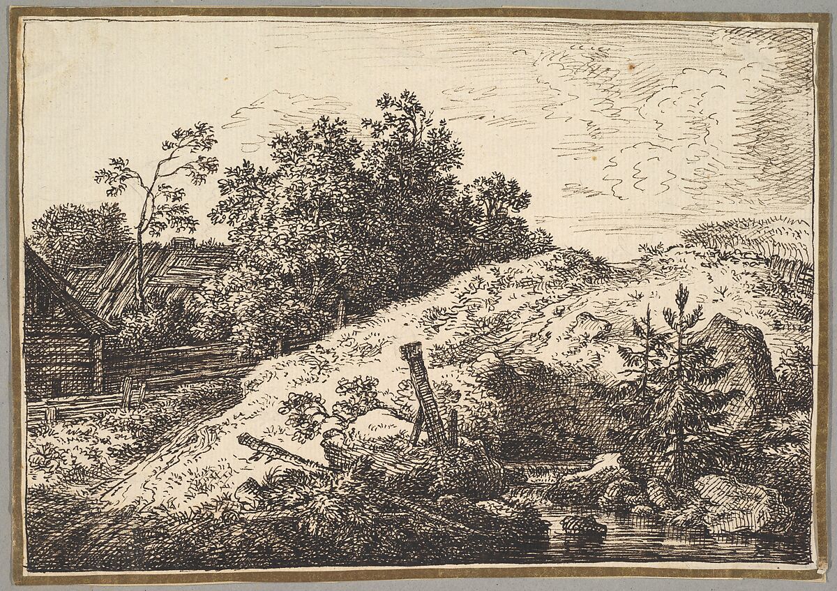 Landscape with a Brook and Farm Buildings, Ferdinand Kobell (German, Mannheim 1740–1799 Munich), Pen and brown ink; framing line in pen and brown ink, by the artist; 