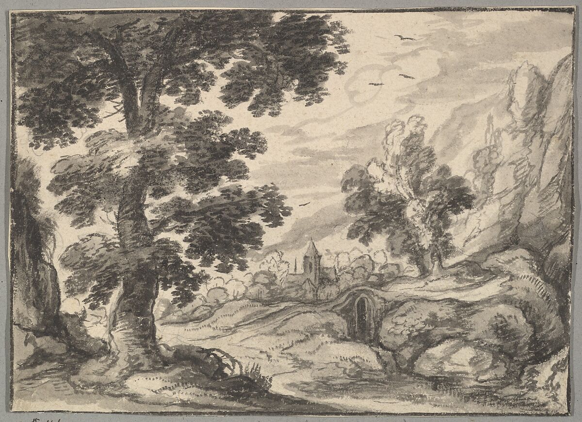 Landscape with a Bridge and a Village Church, Anonymous, Flemish, 17th century (?), Brush and gray wash, over black chalk; framing lines in brush and gray wash 