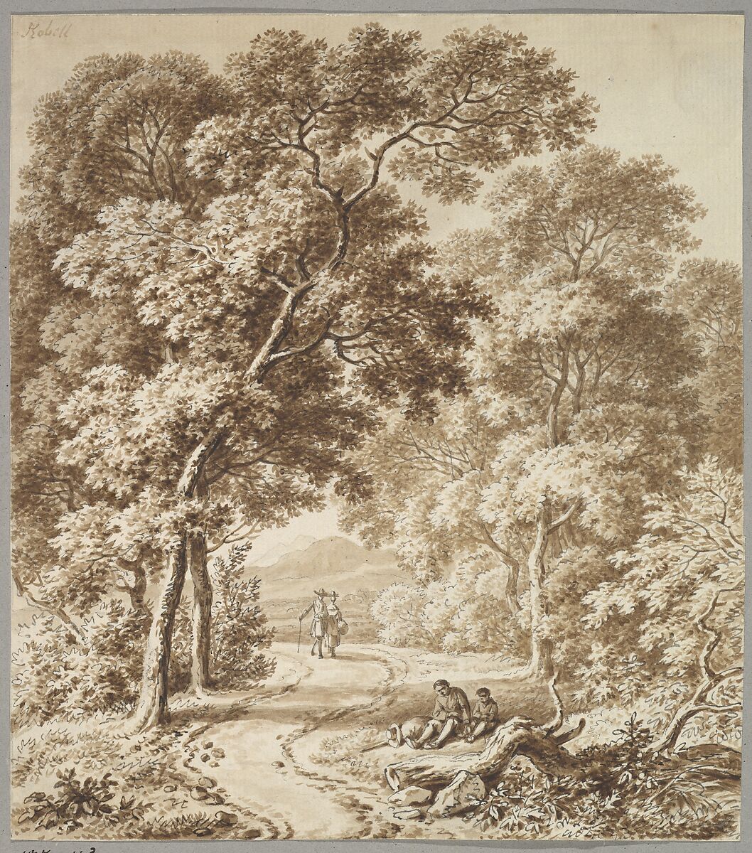 A Path Bordered by Trees with two Beggars and a Couple Strolling, Ferdinand Kobell (German, Mannheim 1740–1799 Munich), Pen and brown ink, brush and brown ink, on paper prepared with a light brown wash; framing line in graphite or black chalk 