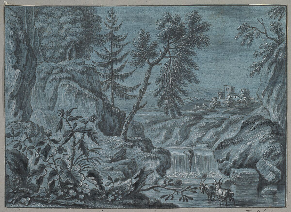 Southern Landscape with a Waterfall and Goats, Attributed to Ferdinand Kobell (German, Mannheim 1740–1799 Munich), Pen and brown and black ink, gray wash, heightened with white gouache, on blue paper; framing line in pen and brown ink, by the artist 