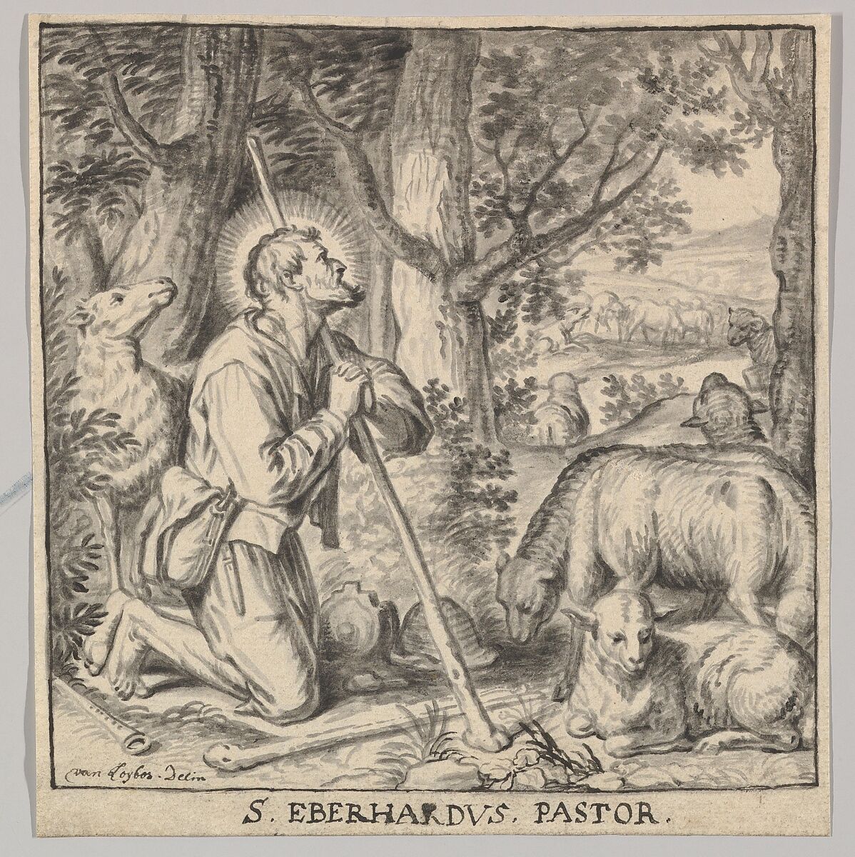 Saint Eberhard of Tüntenhausen as a Shepherd, Jan Sebastiaen Loybos (Flemish, active 1663–1708), Brush and gray and black ink, over black chalk or graphite 