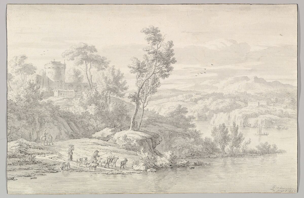 Southern Landscape with Figures and Cattle at a River, Jan van der Meer the Younger (Dutch, Haarlem 1656–1705 Haarlem), Black chalk and gray wash; framing line in pen and black ink; over a framing line in pen and brown ink 