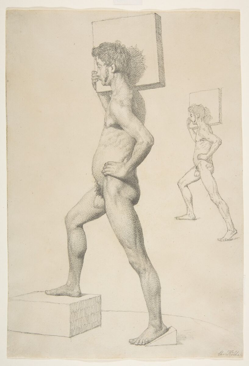 Study of a Male Nude Shouldering a Wooden Block, Christen Købke (Danish, Copenhagen 1810–1848 Copenhagen), Graphite 