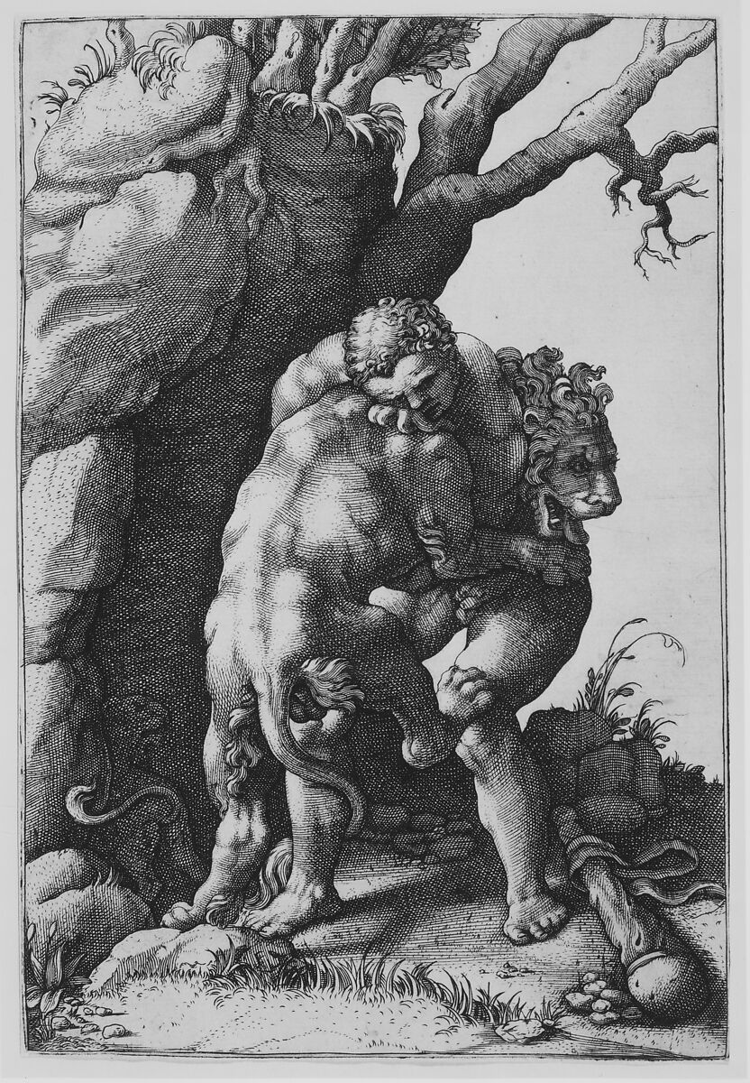 Hercules and the Nemean Lion, Adamo (Ghisi) Scultori (Italian, Mantua ca. 1530–1587 Rome), Engraving 