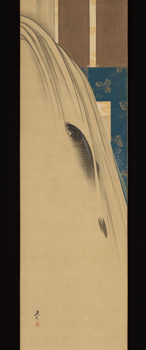 A Carp Ascending a Waterfall, Shibata Zeshin (Japanese, 1807–1891), Hanging scroll; ink and color on silk, Japan 