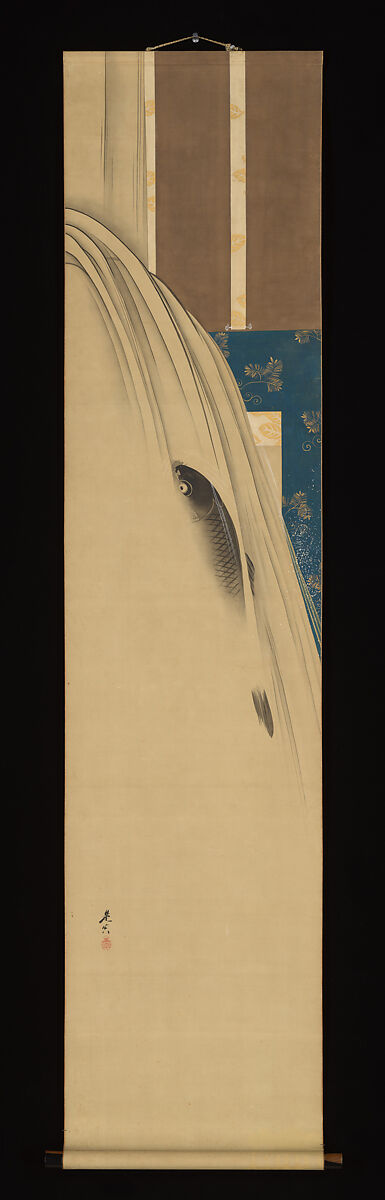 A Carp Ascending a Waterfall, Shibata Zeshin (Japanese, 1807–1891), Hanging scroll; ink and color on silk, Japan