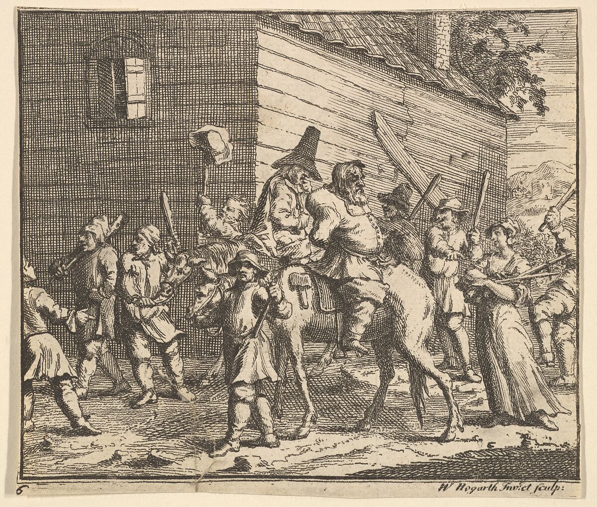 Hudibras and Ralpho Made Prisoners and Carried to the Stocks (Seventeen Small Illustrations for Samuel Butler's Hudibras, no. 6), William Hogarth (British, London 1697–1764 London), Etching and engraving; second state of two 