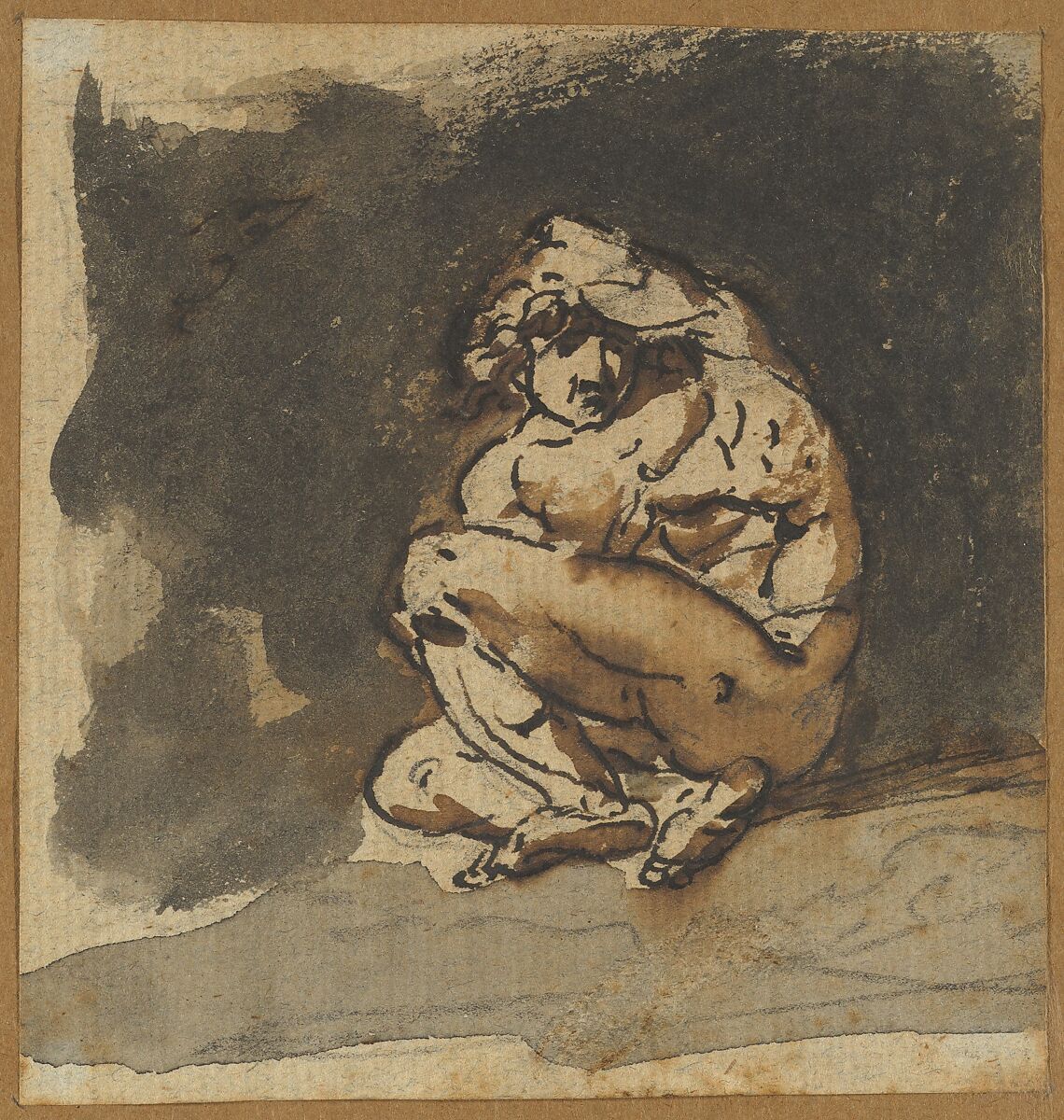 Study of a Male Nude (Althaemenes) Trying to Hide Himself, Nicolai Abraham Abildgaard (Danish, Copenhangen 1743–1809 Frederiksdal), Pen and brown ink, brown wash, over graphite 