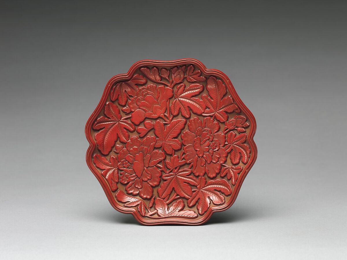 Dish with peonies, Attributed to Yang Mao (Chinese, active mid-14th century), Carved red lacquer, China 