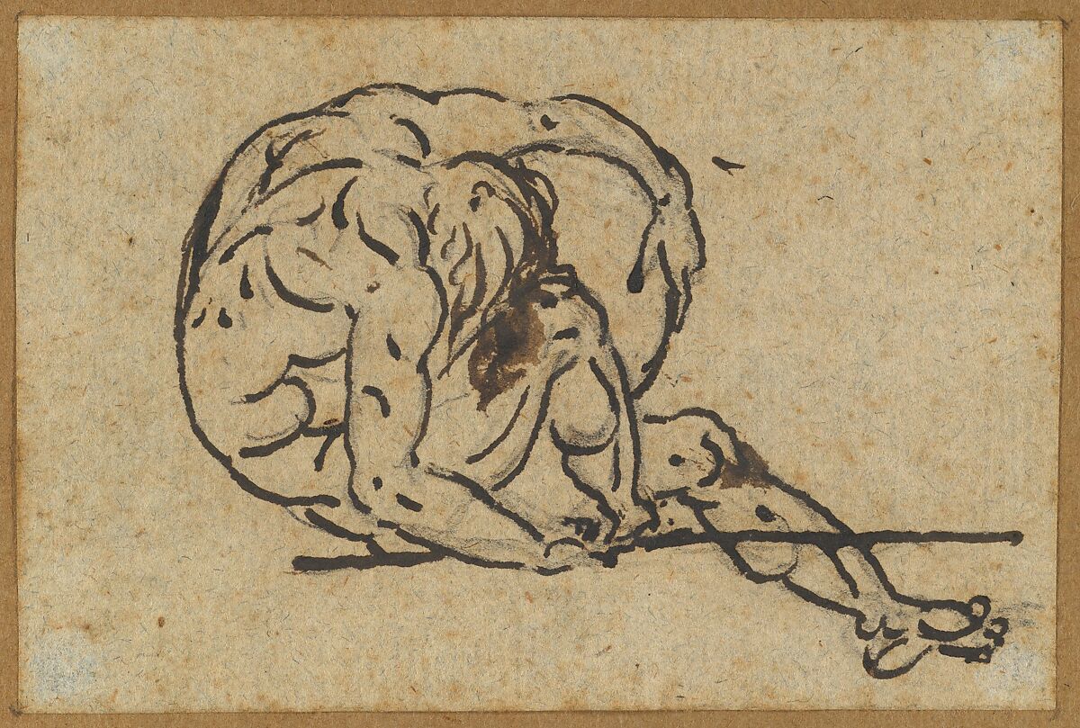 Study of a Male Nude (Althaemenes) in Despair Trying to Hide Himself, Nicolai Abraham Abildgaard (Danish, Copenhangen 1743–1809 Frederiksdal), Pen and brown ink, brown wash, over graphite 