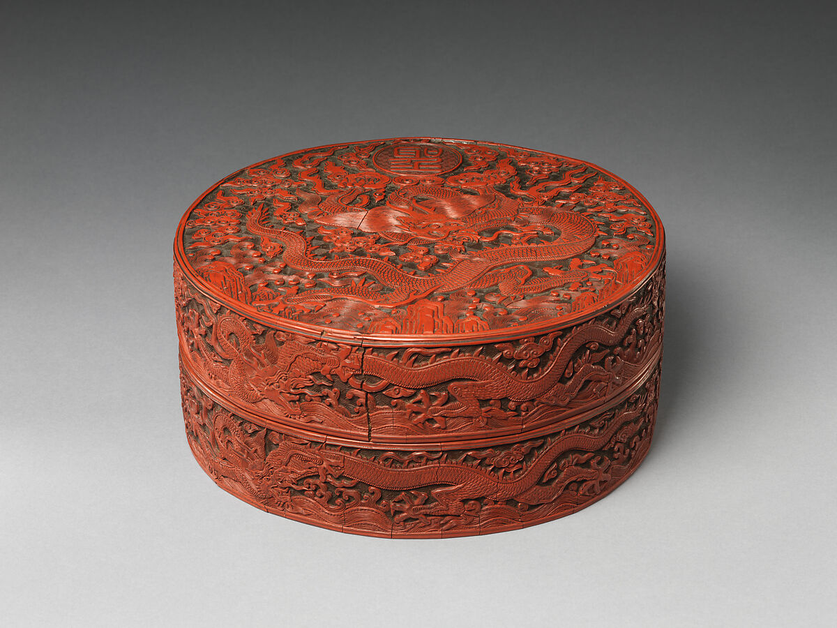 Box with dragon design, Carved red lacquer, China 