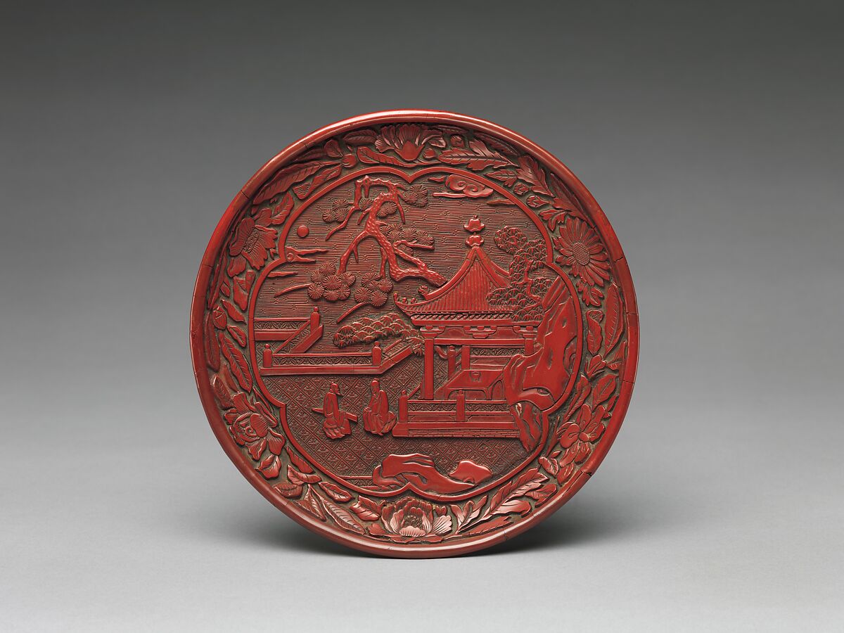Dish with garden scene, Carved red lacquer, China 