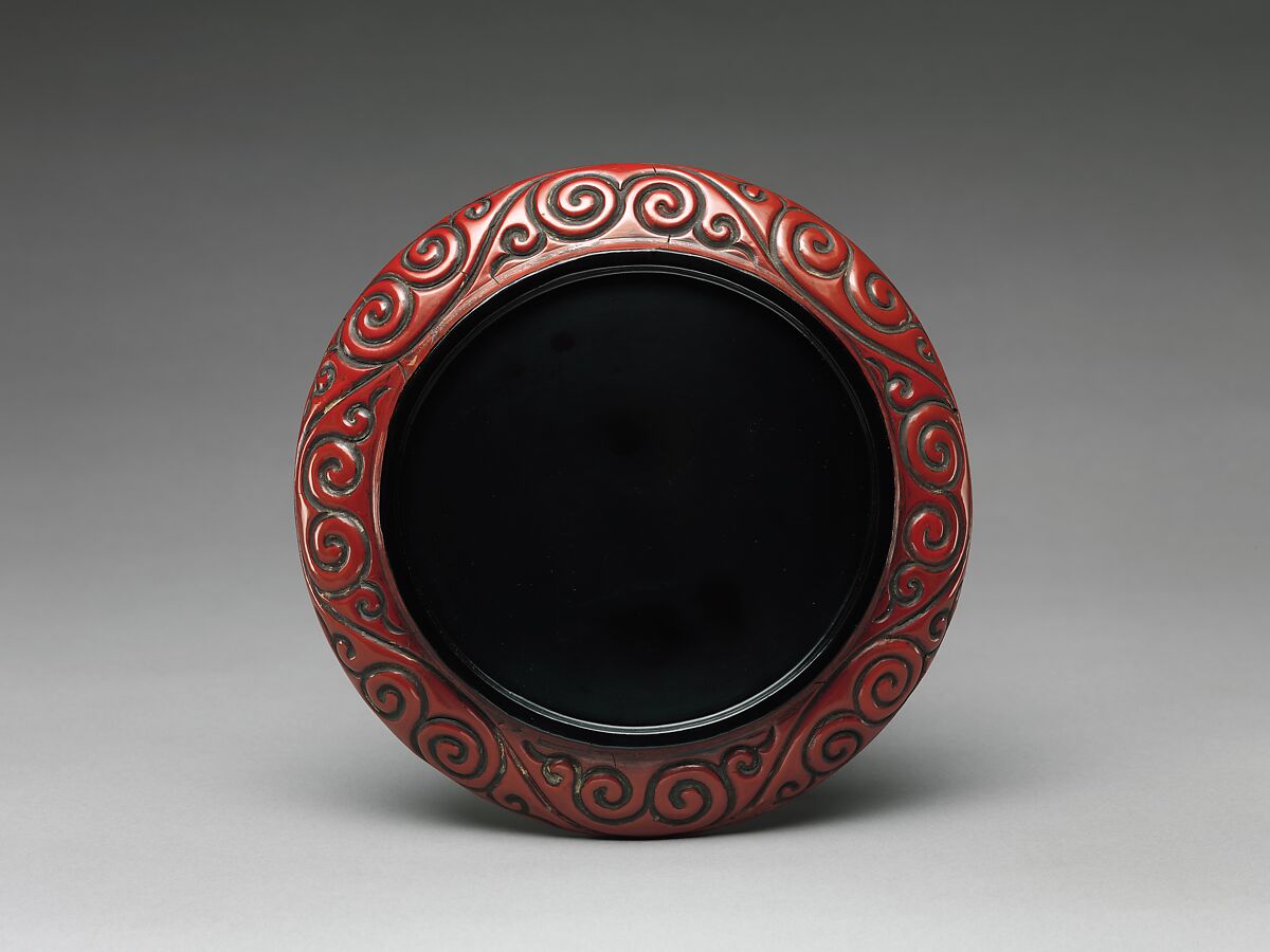 Dish with garden scene, Carved red lacquer, China