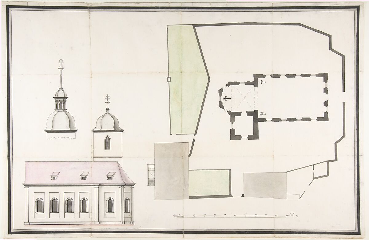 Design for the Parish Church of Merkershausen, Workshop of Balthasar Neumann (German, Eger/Bohemia 1687–1753 Würzburg), Pen and black ink, gray wash, watercolour, over graphite; framing line in pen and black ink, and gray and black wash, by the artist 