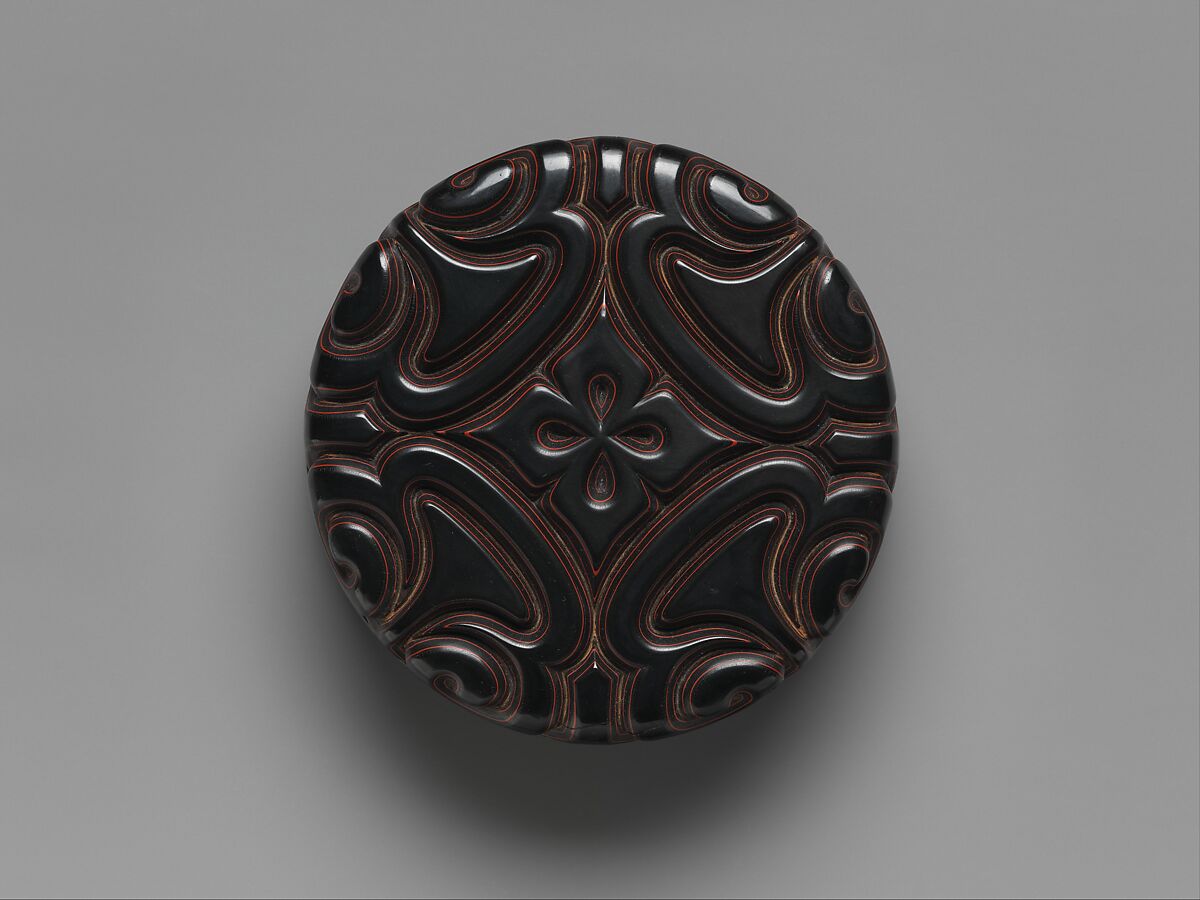 Box with pommel scrolls, Carved red and black lacquer, China