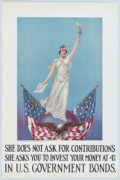 She Does Not Ask For Contributions She Asks You to Invest Money at 4% in U.S. Government Bonds, Frances Adams Halsted (American, 20th century), Commercial color lithograph 