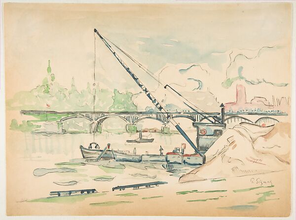 Le Pont des Arts, Paul Signac (French, Paris 1863–1935 Paris), Watercolor over black chalk 