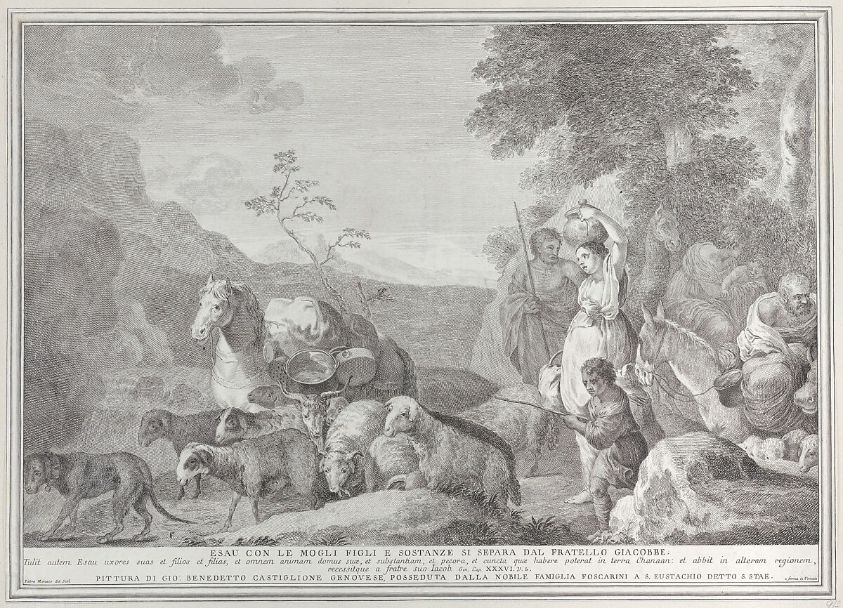 Esau and his family parting ways with Jacob (Esau con le mogli figli e sostanze si separa dal fratello Giacobbe), Pietro Monaco (Italian, Belluno 1707–1772 Venice), Etching