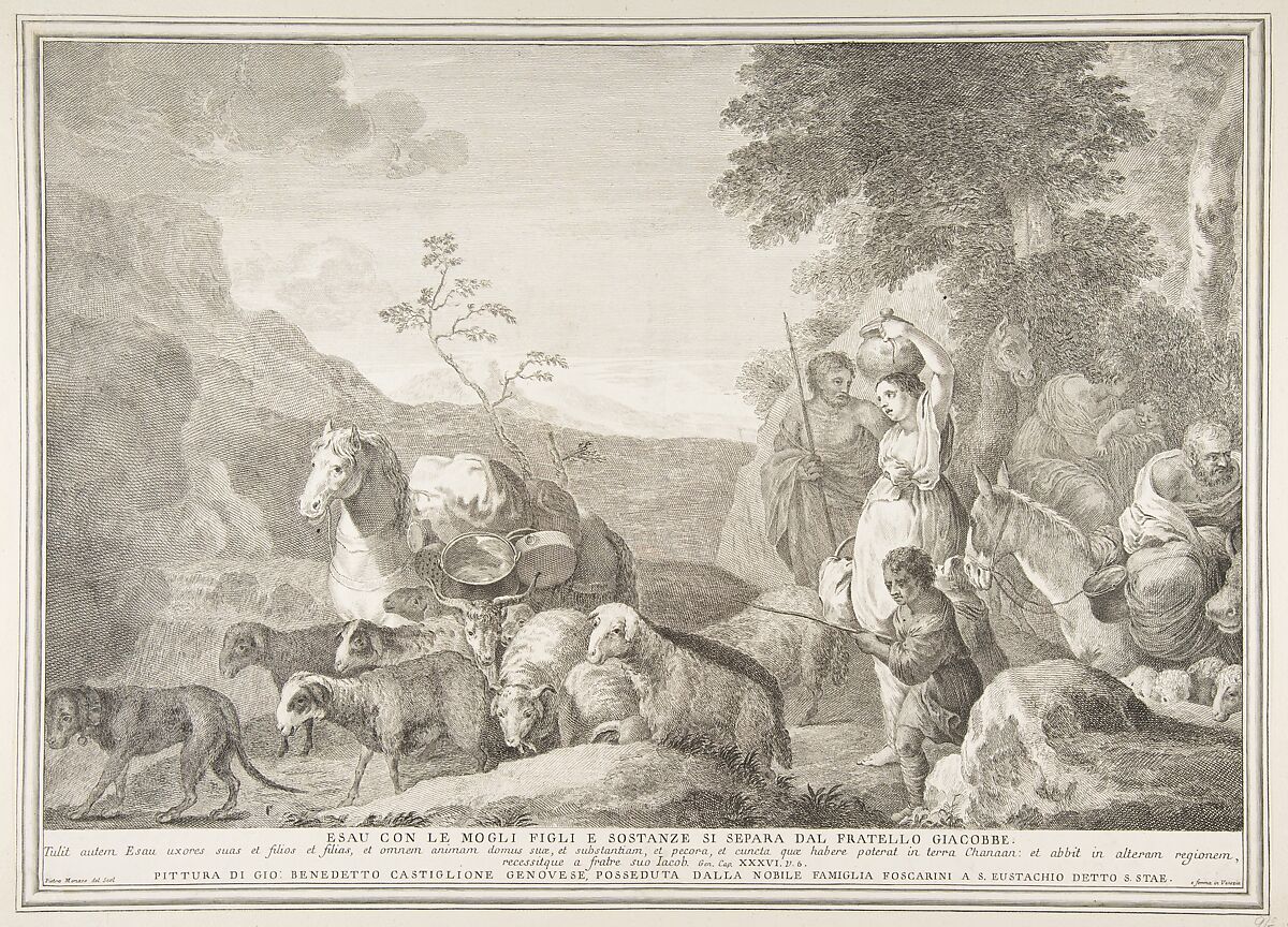 Esau and his family parting ways with Jacob (Esau con le mogli figli e sostanze si separa dal fratello Giacobbe), Pietro Monaco (Italian, Belluno 1707–1772 Venice), Etching 