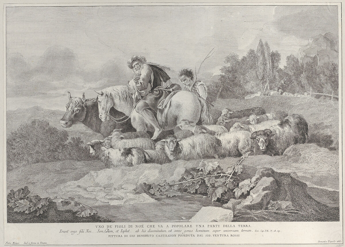 One of the Sons of Noah who Goes to Populate a Part of the Earth (Uno de figli di Noè che va a popolare una parte della terra), Pietro Monaco (Italian, Belluno 1707–1772 Venice), Etching