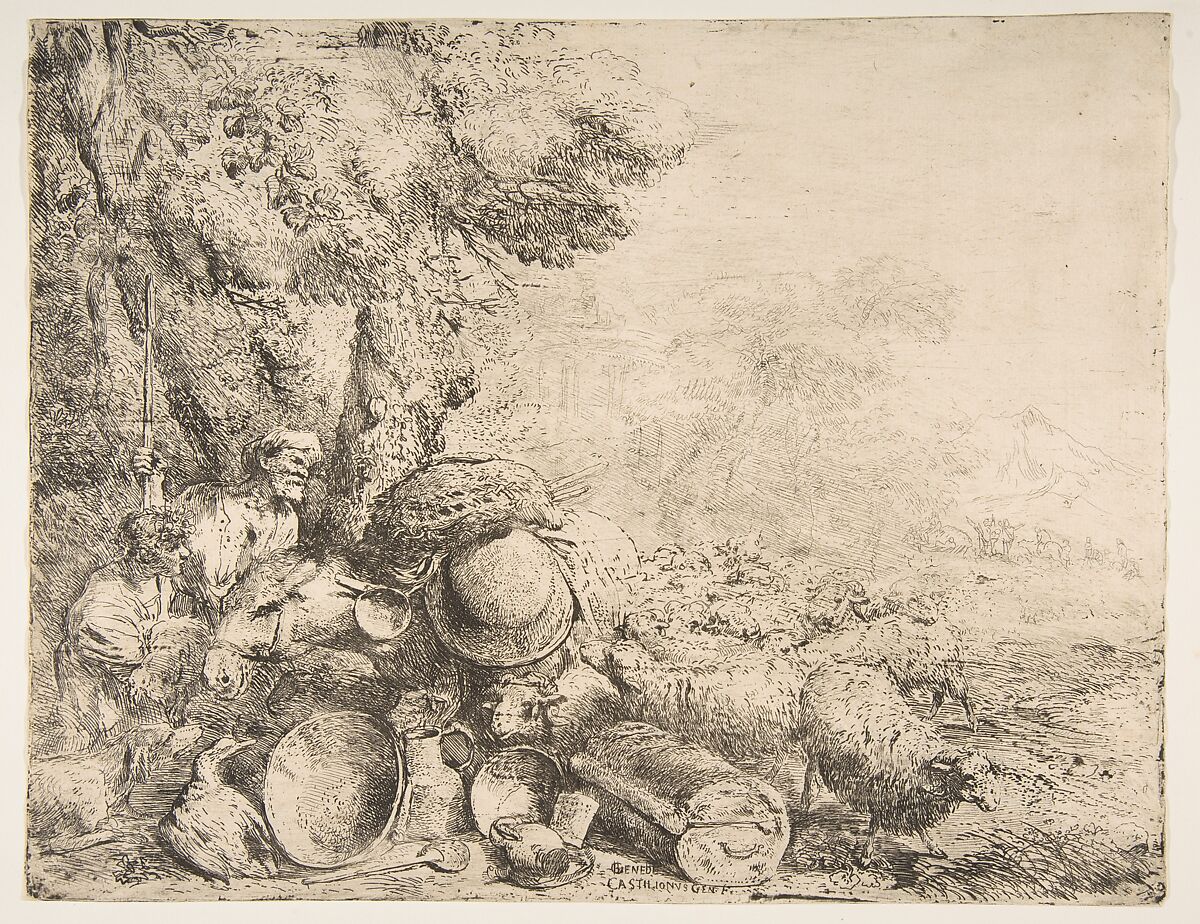 Two shepherds, a donkey and other animals in a landscape, Giovanni Benedetto Castiglione (Il Grechetto) (Italian, Genoa 1609–1664 Mantua), Etching 