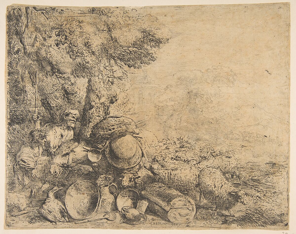 Two shepherds, a donkey and other animals in a landscape, Giovanni Benedetto Castiglione (Il Grechetto) (Italian, Genoa 1609–1664 Mantua), Etching 