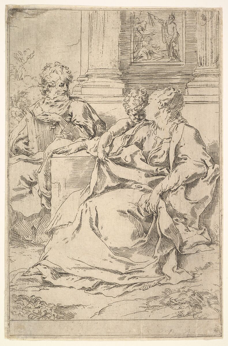 The Holy Family with Scriptural Scene in Background, Guido Reni (Italian, Bologna 1575–1642 Bologna), etching 